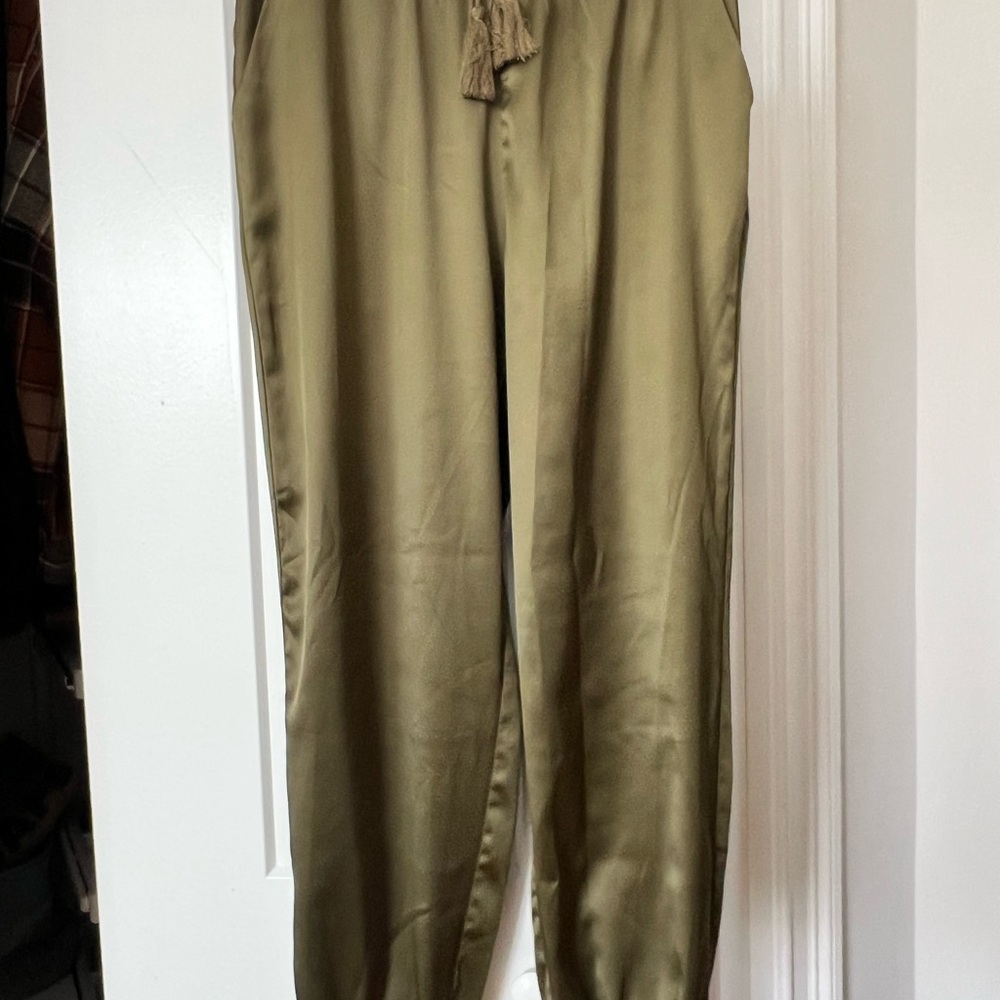 Allegra-K Women’s Olive Green Satin Joggers